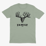 Light green t-shirt with black deer skull design and 'FAMILY TREE' text on a white background