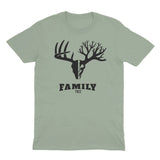 Light green t-shirt with black deer skull design and 'FAMILY TREE' text on a white background